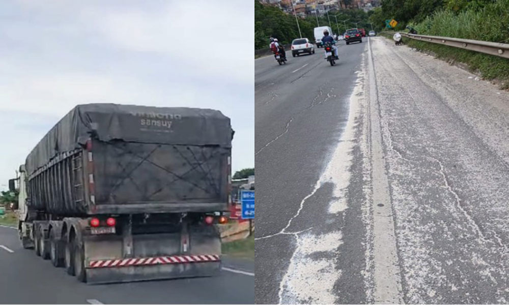 Derramando carga sobre a pista, carreta é retida pela PRF com 5 toneladas de excesso na BR-324, em Simões Filho