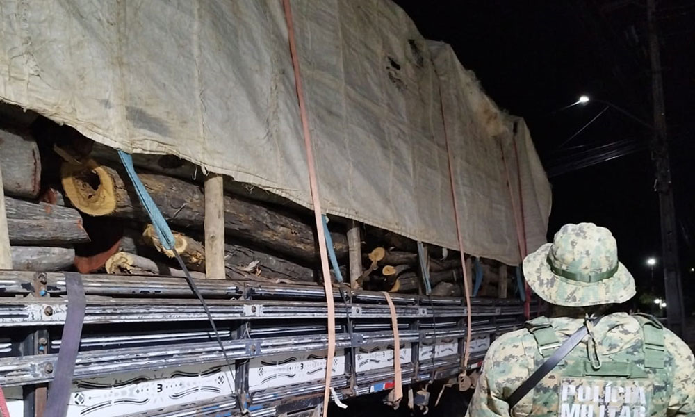 PM apreende carga irregular de madeira em Oliveira do Brejinhos