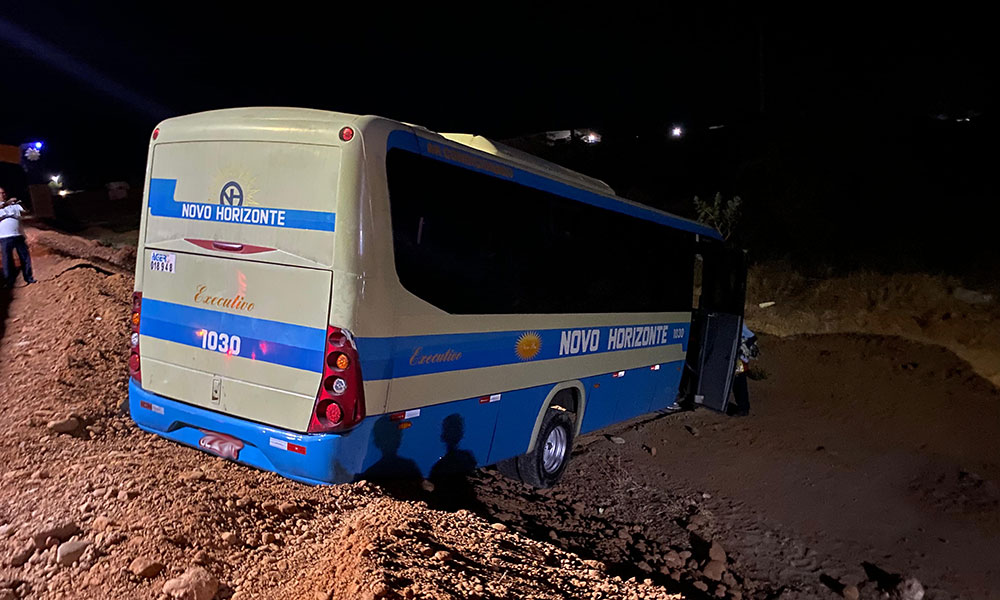 Micro-ônibus da Novo Horizonte sai da pista após pneu estourar na zona urbana de Dom Basílio