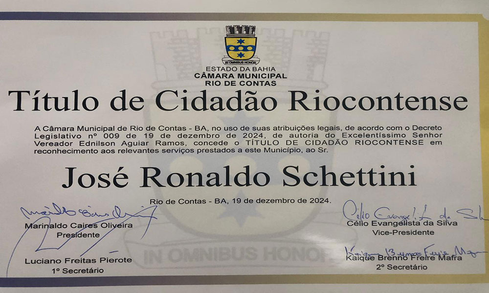 Rio de Contas: Câmara de Vereadores concede título de cidadão Riocontese à jornalista esportivo Ronaldo Sketinni