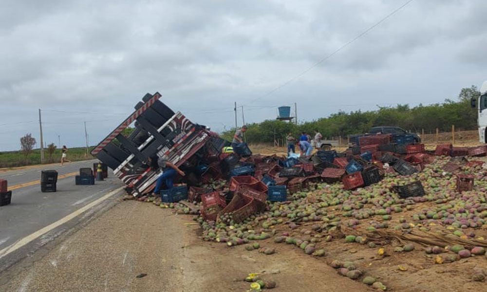 Motorista fica ferido após caminhão sair da pista e tombar na BR-030, em Caetité